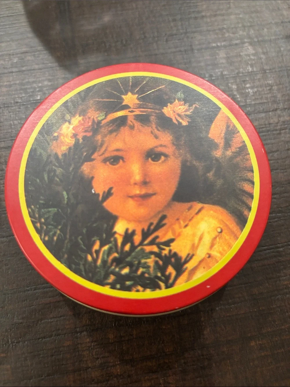Vintage Christmas Tin Coaster Set Victorian Angel Cork Backed Like New Complete